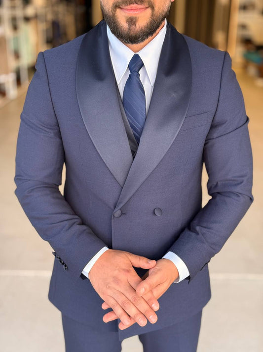 Navy Blue Tuxedo Shawl Collar Suit — Style 01