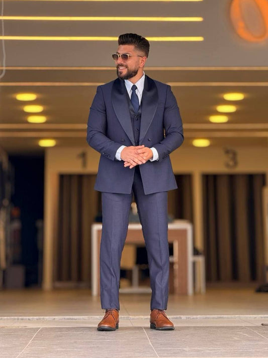 Navy Blue Tuxedo Shawl Collar Suit — Style 02