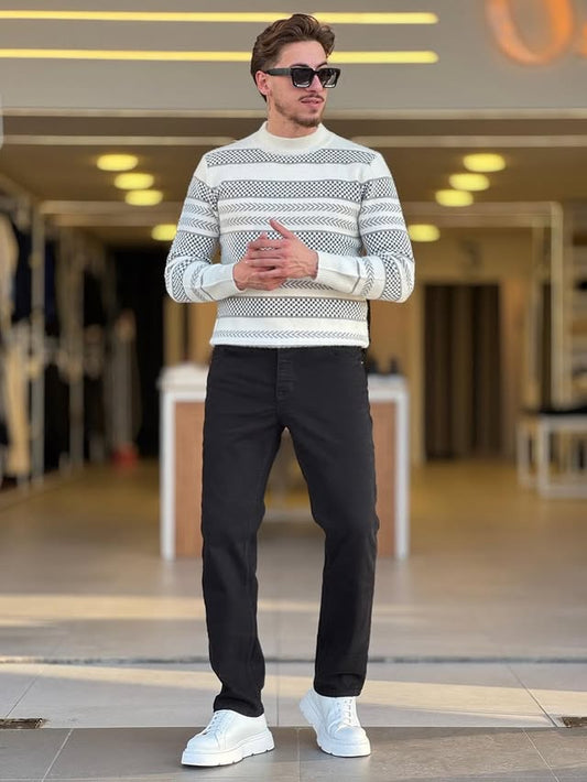 White Sweater With Black and Gray Pattern