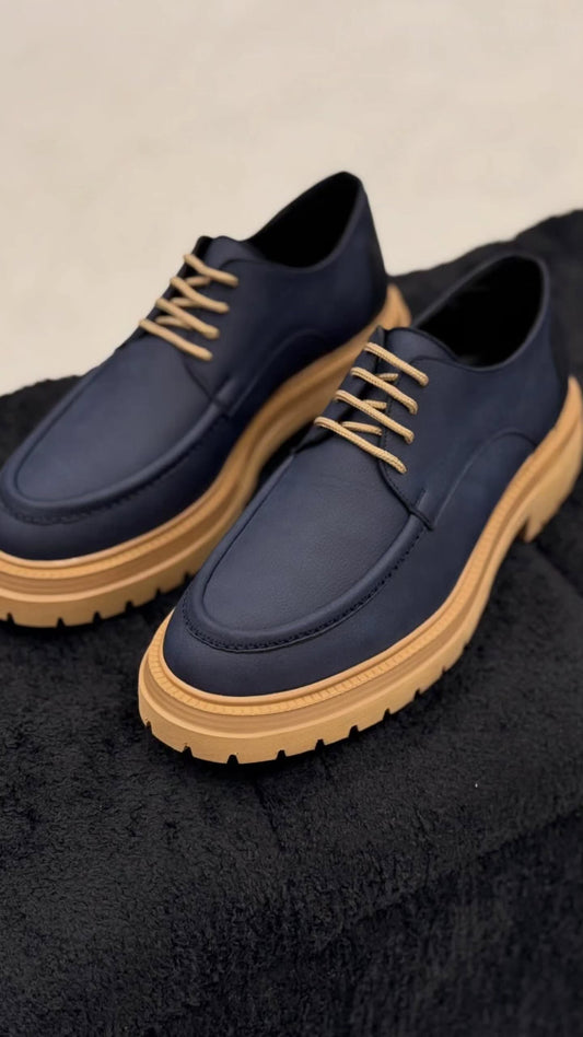 Moccasin Navy Blue Leather Shoes With Tan Soles