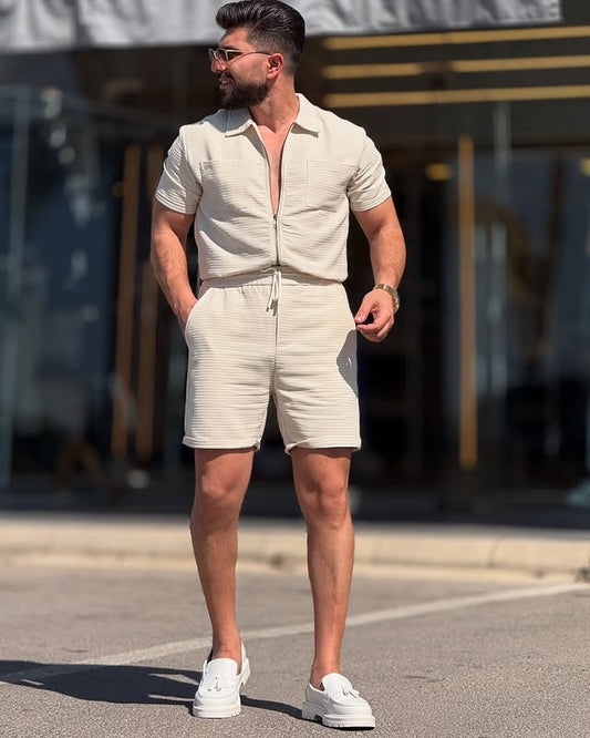 Beige/White Zipper Short Set