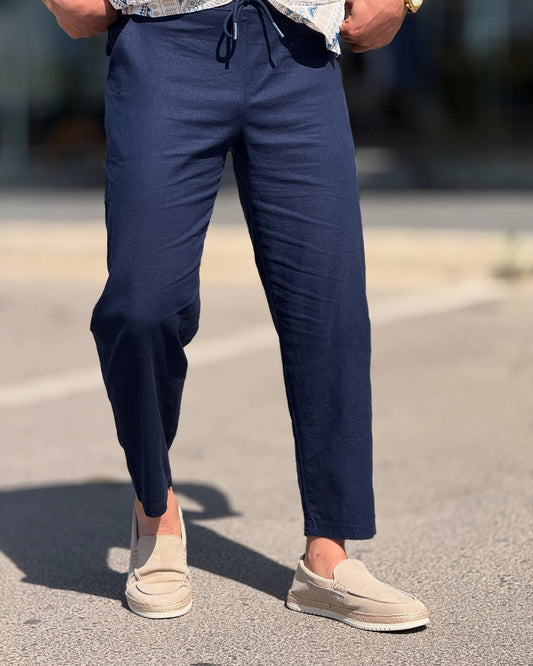Navy Blue Linen Pants — Style 02