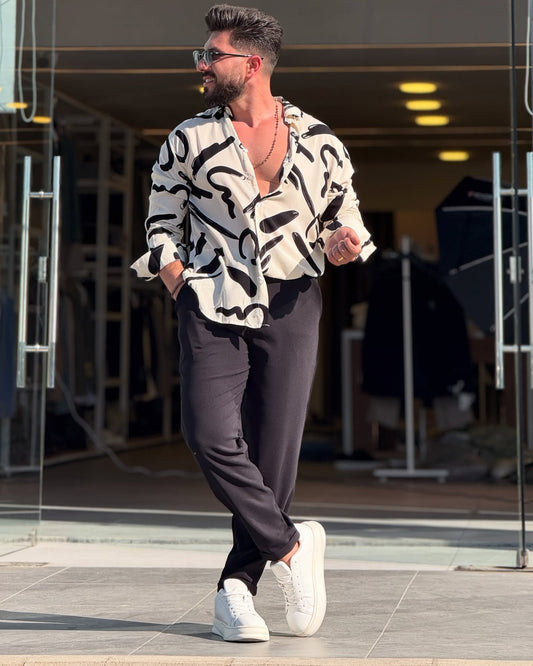 Black and White Floral Long Sleeve Shirt