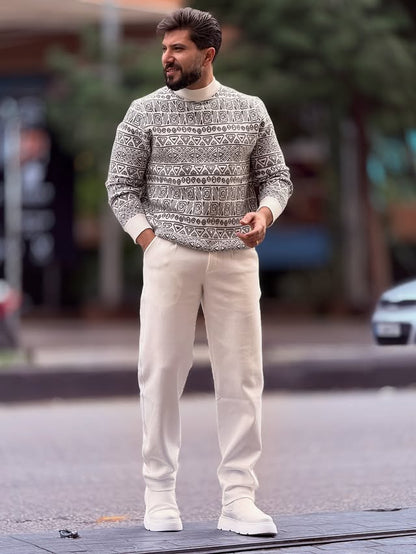 White and Black Patterned Sweater