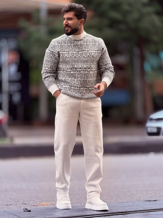White and Black Patterned Sweater