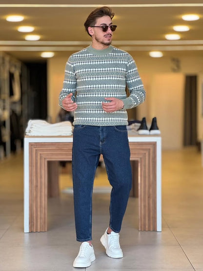 Blue White and Beige Pattern Sweater