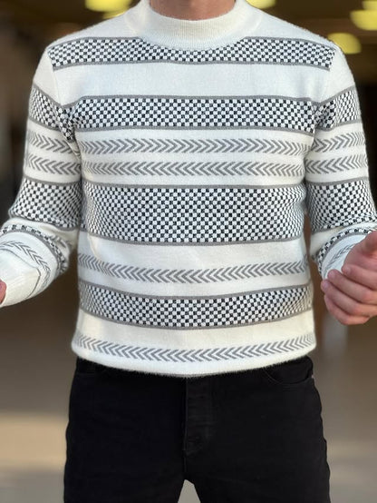 White Sweater With Black and Gray Pattern