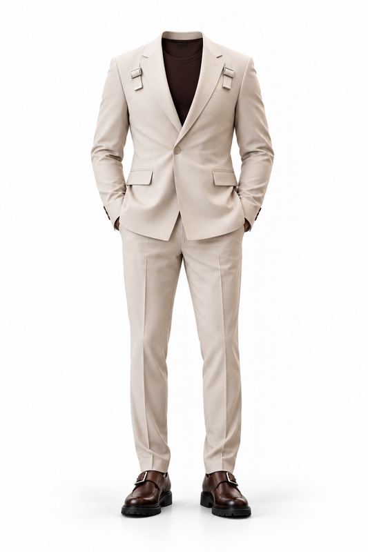 Beige Buckle Suit by O,Zero