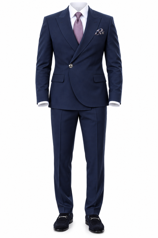 Navy Blue Round Buckle Peak Lapel Suit by O,Zero