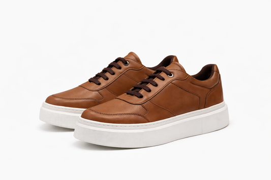 O,Zero Brown Leather Sneakers With White Soles by O,Zero