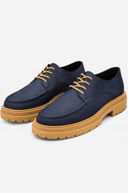 Moccasin Navy Blue Leather Shoes With Tan Soles by O,Zero