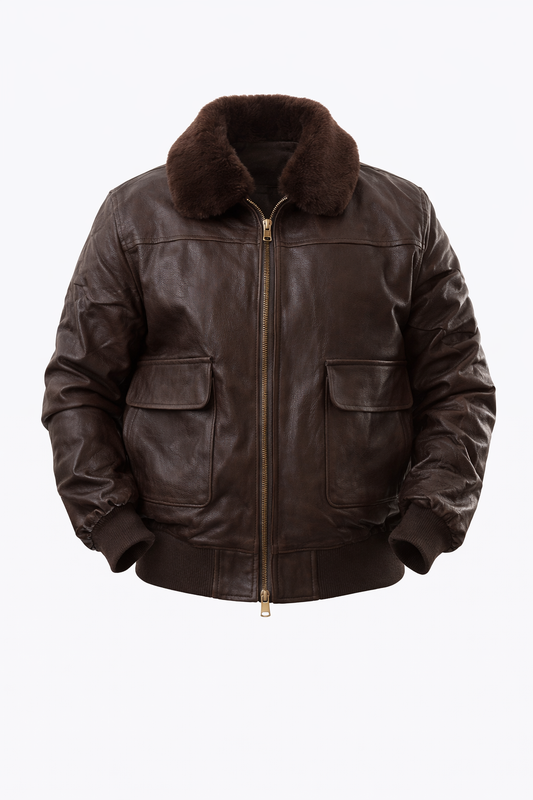 Brown Leather Jacket With Fur Neck by O,Zero