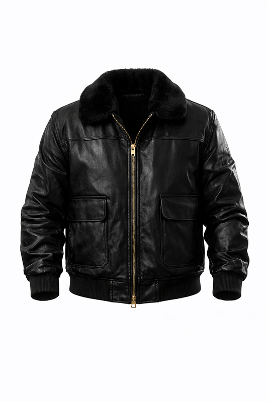 Black Leather Jacket With Fur Neck by O,Zero