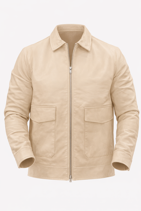 Beige Leather Jacket by O,Zero
