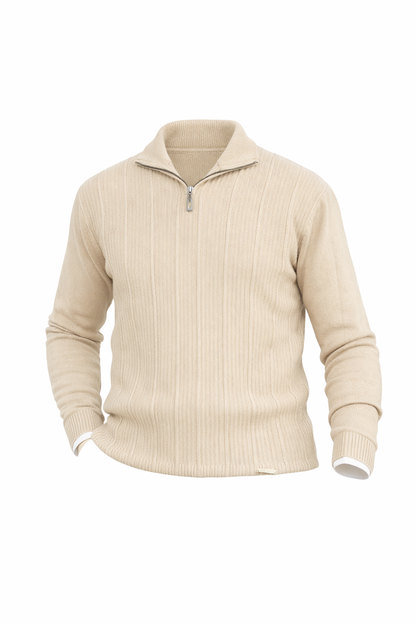 Beige Quarter Zip High Neck Top by O,Zero