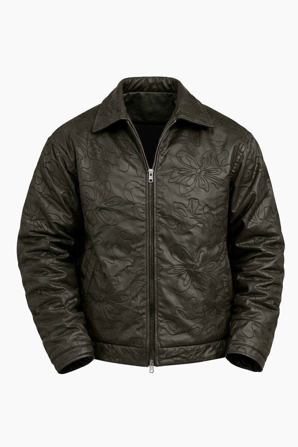 Patterned Olive Green Leather Jacket by O,Zero