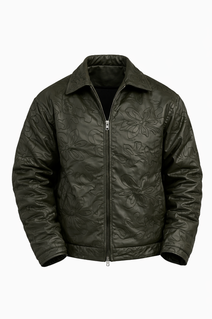 Patterned Olive Green Leather Jacket by O,Zero
