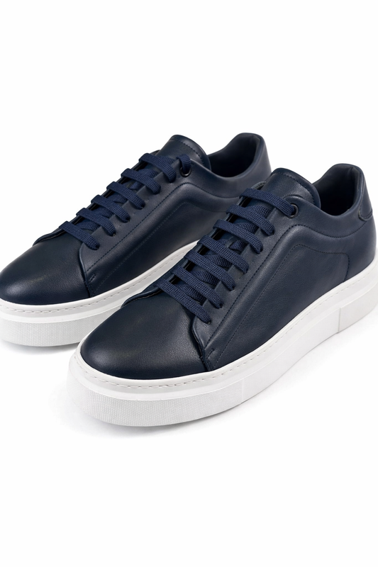 Navy Blue Leather Sneakers by O,Zero