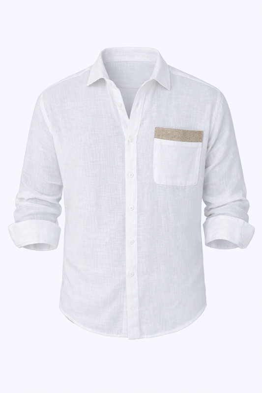 White Linen Shirt With Beige Pocket Pattern by O,Zero