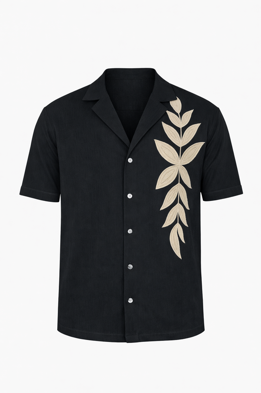 Black Half Sleeve Shirt With Floral Pattern by O,Zero