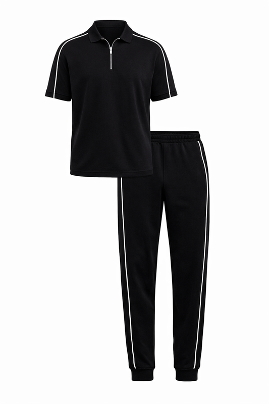 Black Cotton Polo Neck Set by O,Zero