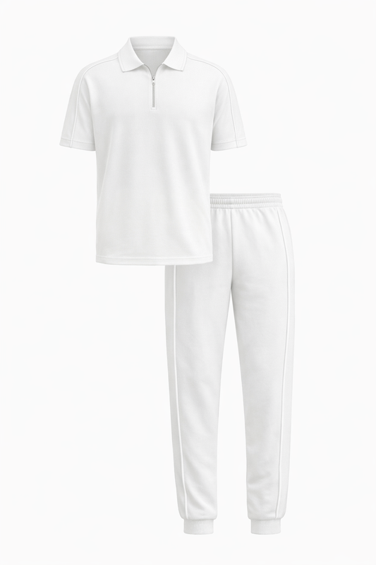 White Cotton Polo Neck Set by O,Zero