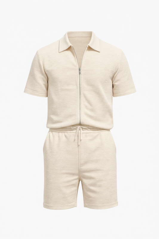 Beige/White Zipper Short Set by O,Zero