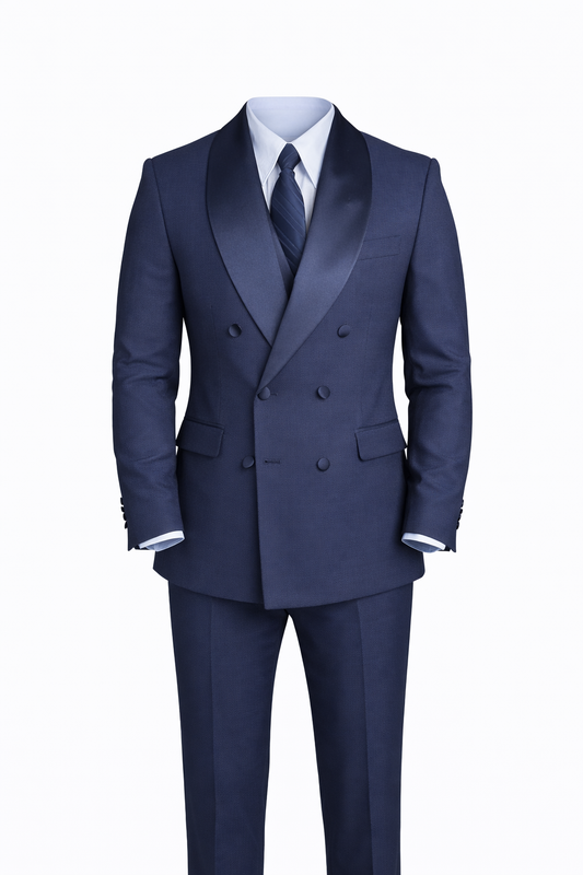 Navy Blue Tuxedo Shawl Collar Suit by O,Zero