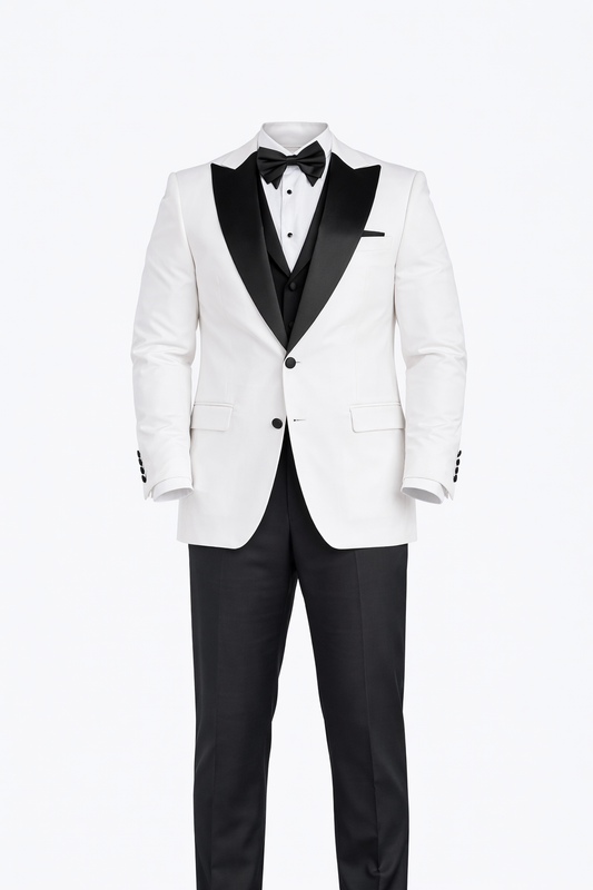 White and Black Tuxedo Peak Lapel Suit by O,Zero