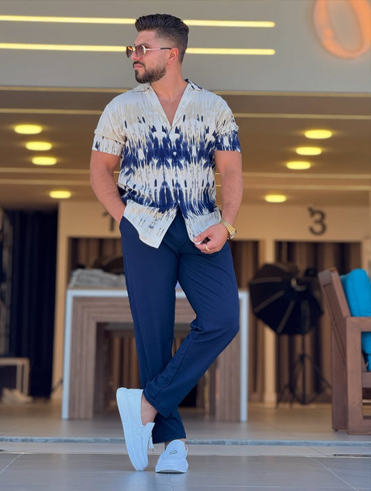White and Navy Blue Pattern Shirt