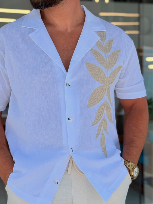 White Short Sleeve Shirt With Floral Pattern
