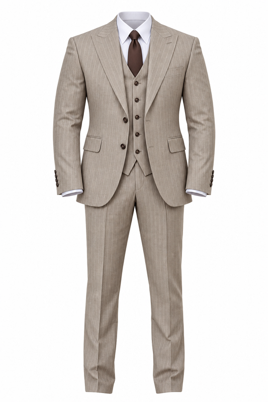 Taupe Pinstripe Three-Piece Suit by O,Zero