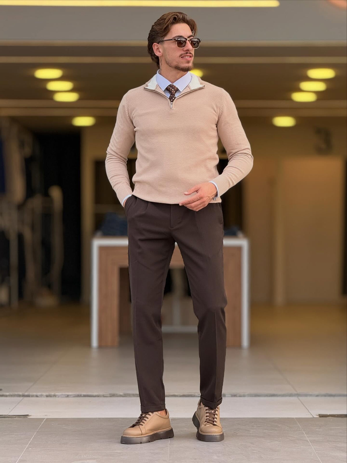 Beige Quarter Zip High Neck Top — Style 02