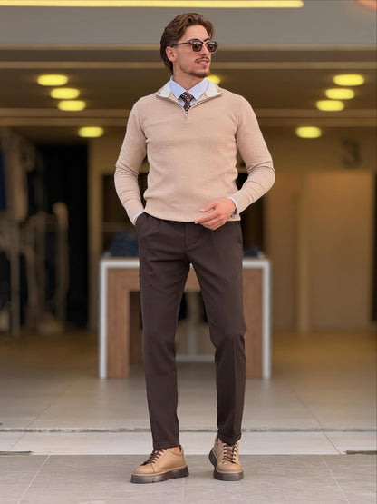 Beige Quarter Zip High Neck Top — Style 02