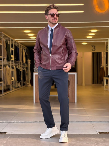 Burgundy Leather Jacket — Style 01