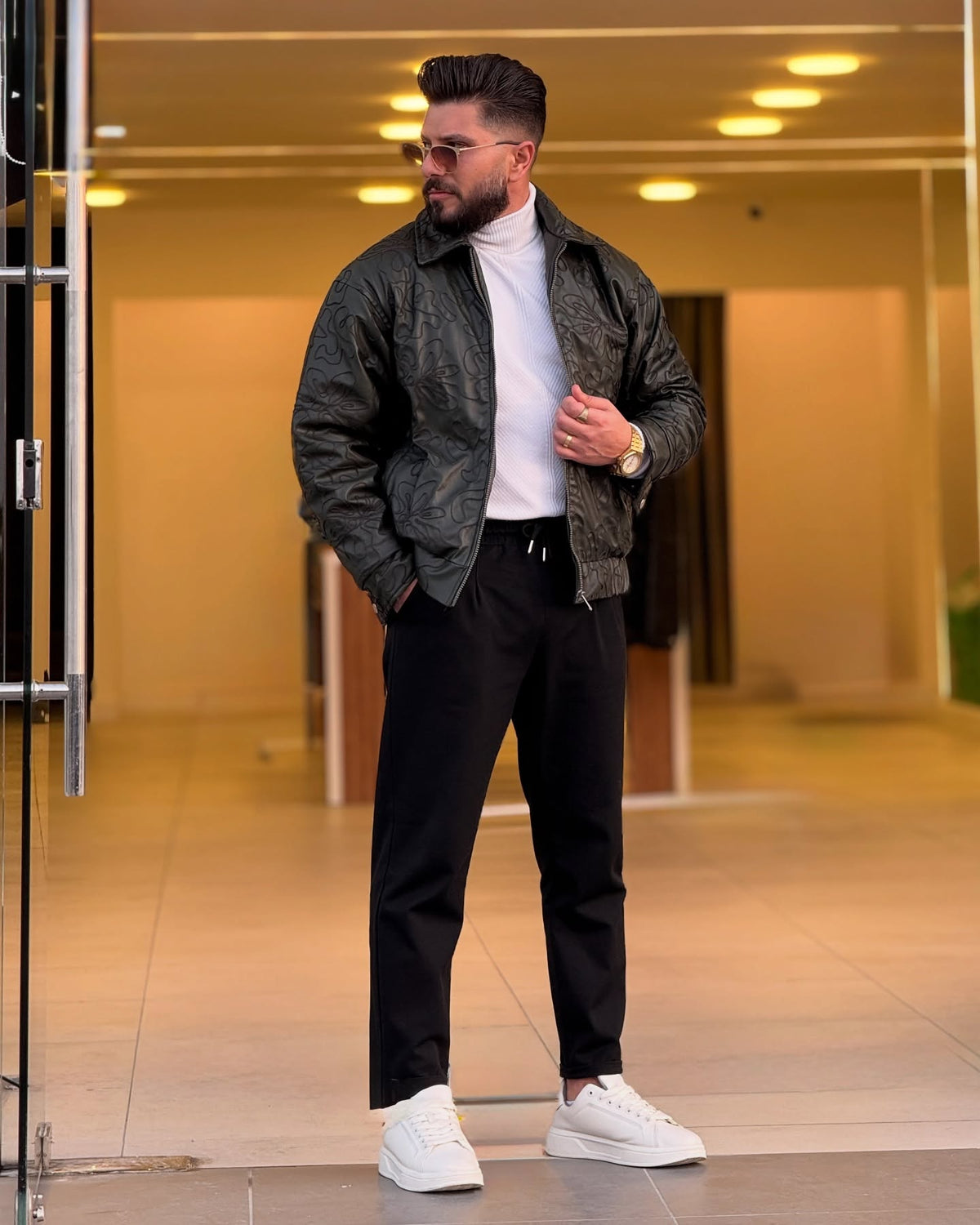 Patterned Olive Green Leather Jacket