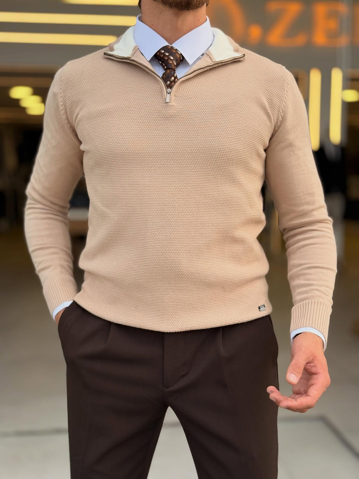 Beige Quarter Zip High Neck Top — Style 02