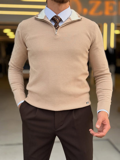 Beige Quarter Zip High Neck Top — Style 02